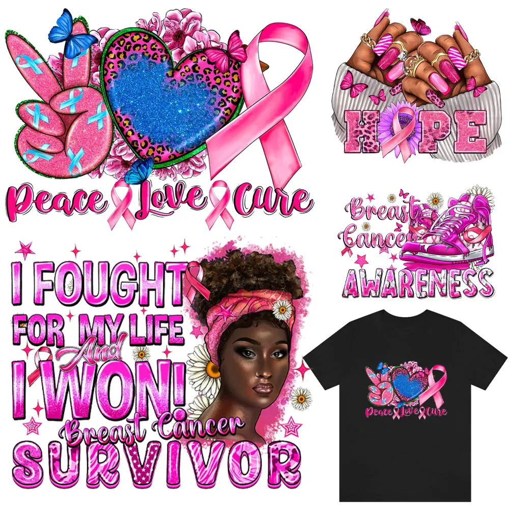 Breast Cancer Awareness Iron  on Patches for Clothes  A-Level Washable Print-On T-Shirt Heat Transfer Sticker Beauty Lady Decor