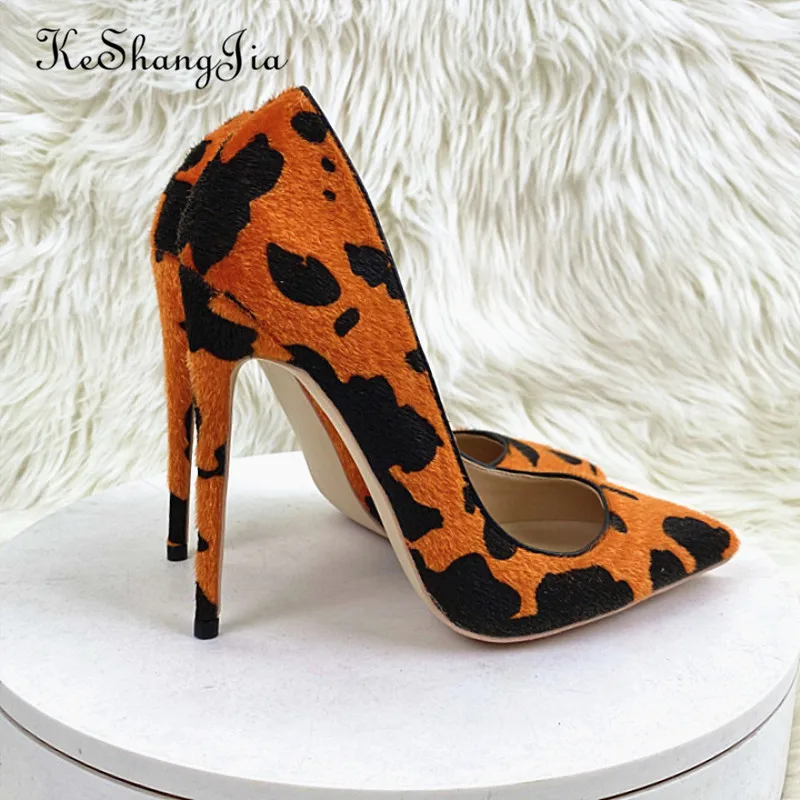 KeShangJia Hairy Grafitti Pattern Women Orange Pointy Toe High Heel Shoes Unique Design Sexy Slip On Stiletto Pumps Plus Size 45