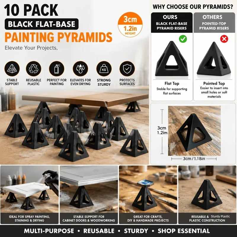 10Pcs Black Flat Base Painting Pyramids, 1.18in Plastic Cone Stands for Painting Woodworking Drying, Reusable Craft Holder