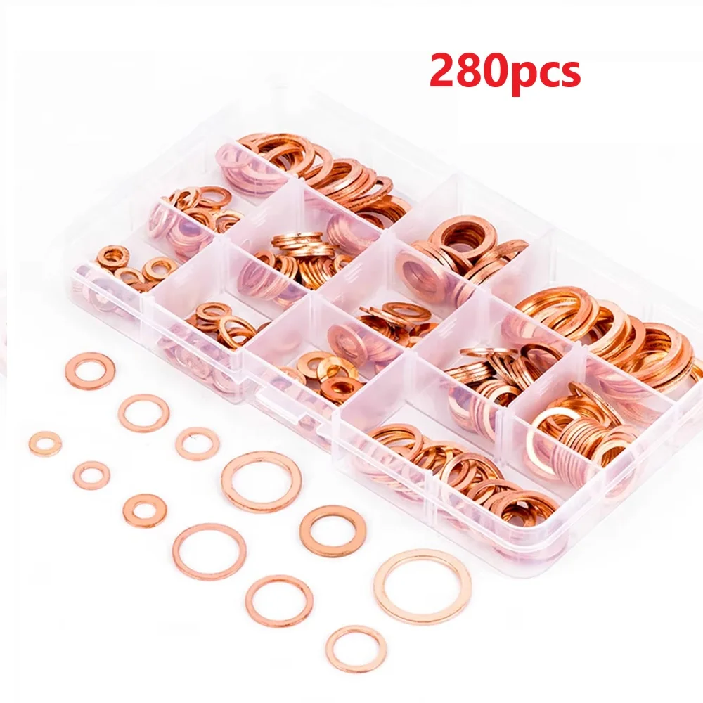 50/100/120/150/280pcs Copper Flat Washers Gasket Set With Box Sump Oil Seal Gasket Box Oil Plugging And Sealing Ring Combination