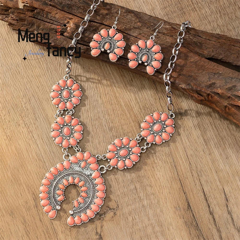 

Retro Pink Turquoise Pendant, Bohemian Beaded Ethnic Style Jewelry, Turquoise Necklace And Earrings Set Elegant Best Selling
