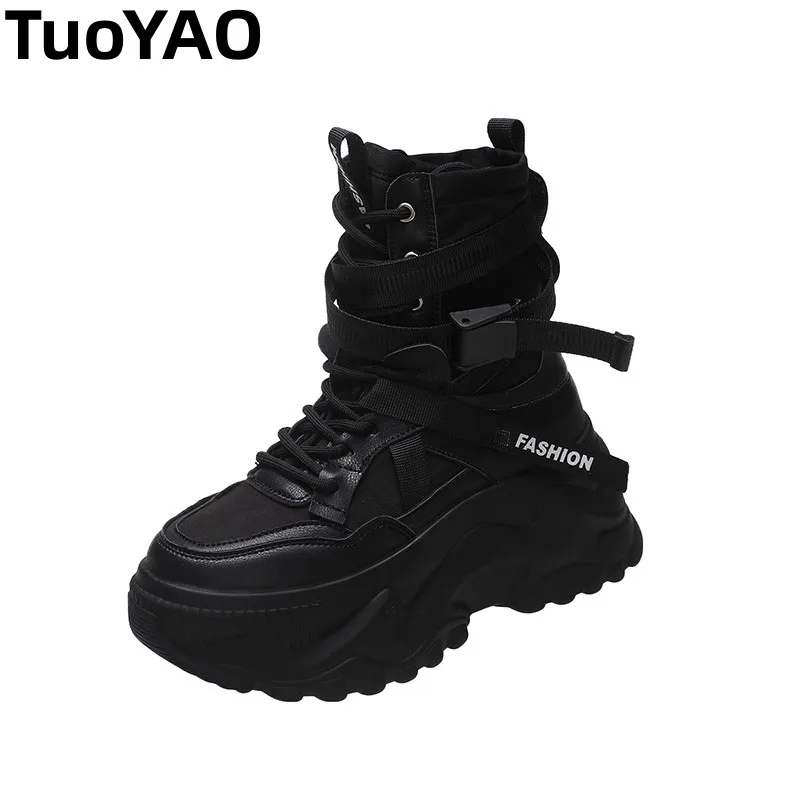 

8CM Autumn Winter Women's Gladiator Boots Chunky Heels Leather Punk Shoes Buckle Motorcycle Boots Goth Chelsea Mujer Zapatos