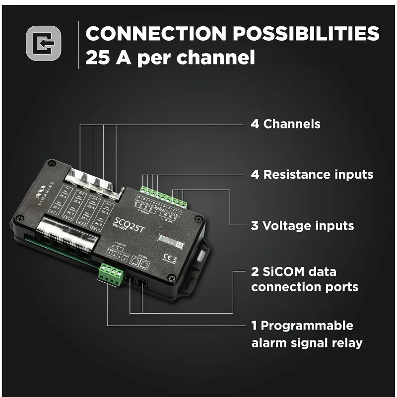 SCQ25T Quadro Shunt, 4 x 25 A per Channel, Tank Level Voltage Monitoring, A Built-in, Programmable Alarm Signal Relay