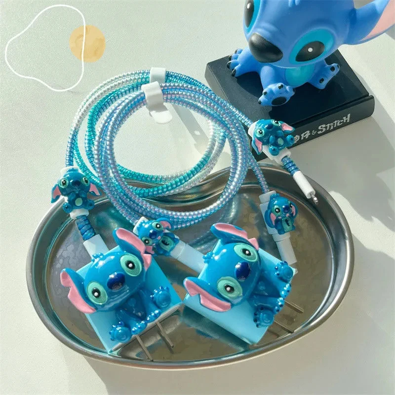 Disney Stitch Charger Cables Protector Kawaii 3D Anime Figures Data Line Head Headphone Cable Usb Storage Winder Iphone 18w20w