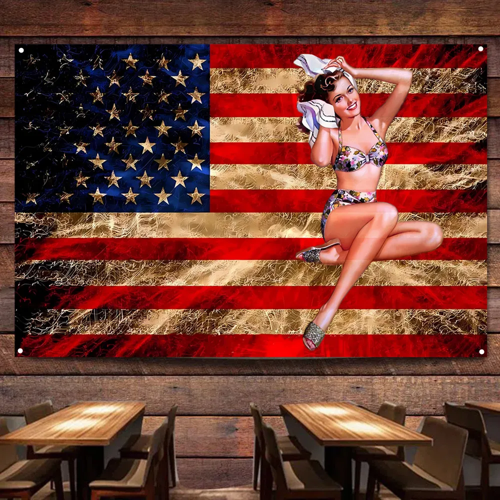 Nostalgic Vintage American Flag with Pin Up Girl Wall Art Posters Prints Tapestry Hanging Banner Outdoor Indoor Home Room Decor