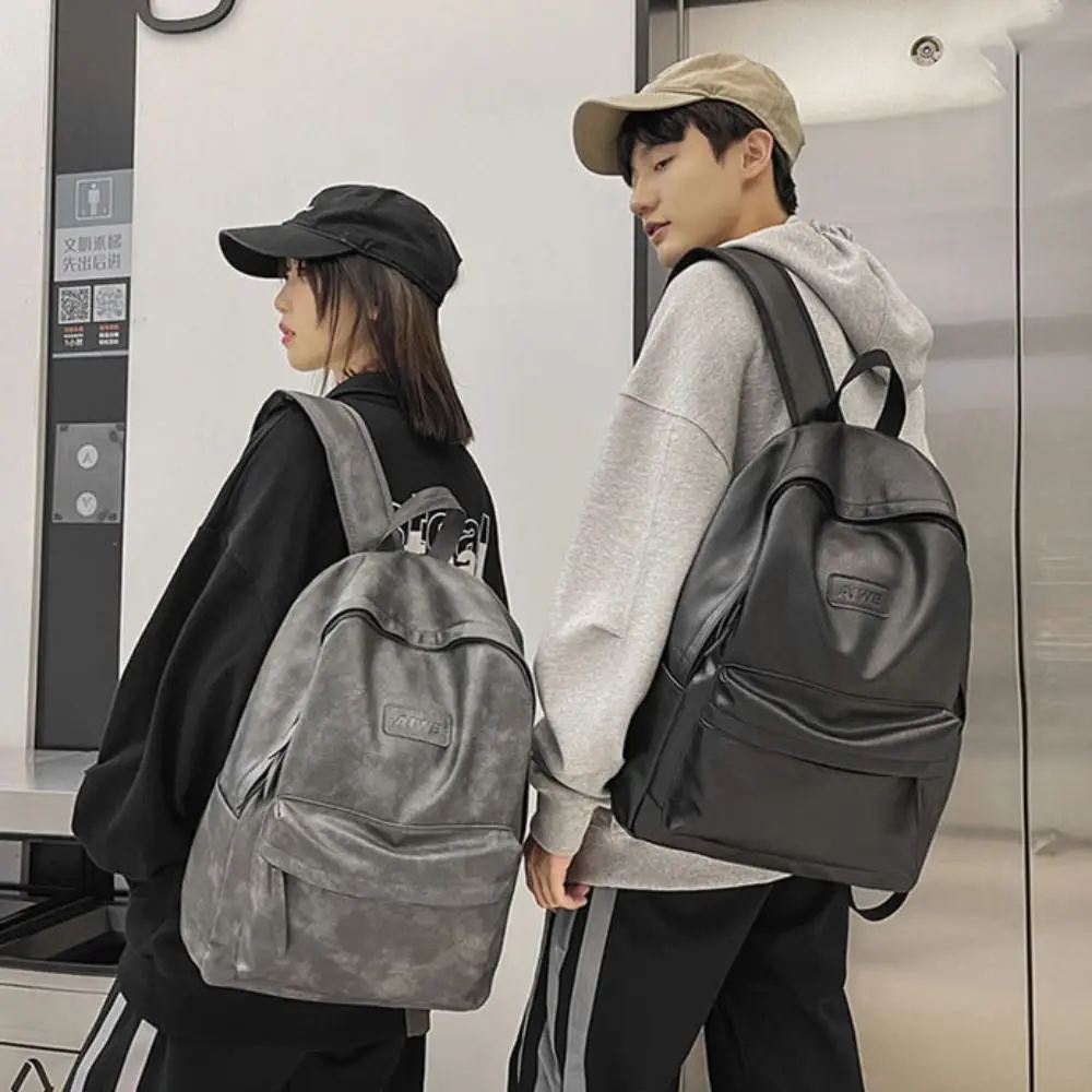 Simple Korean Style Leather Backpack Men Multiple Pockets Waterproof Travel Bag All-match Storage Teens Schoolbag Students