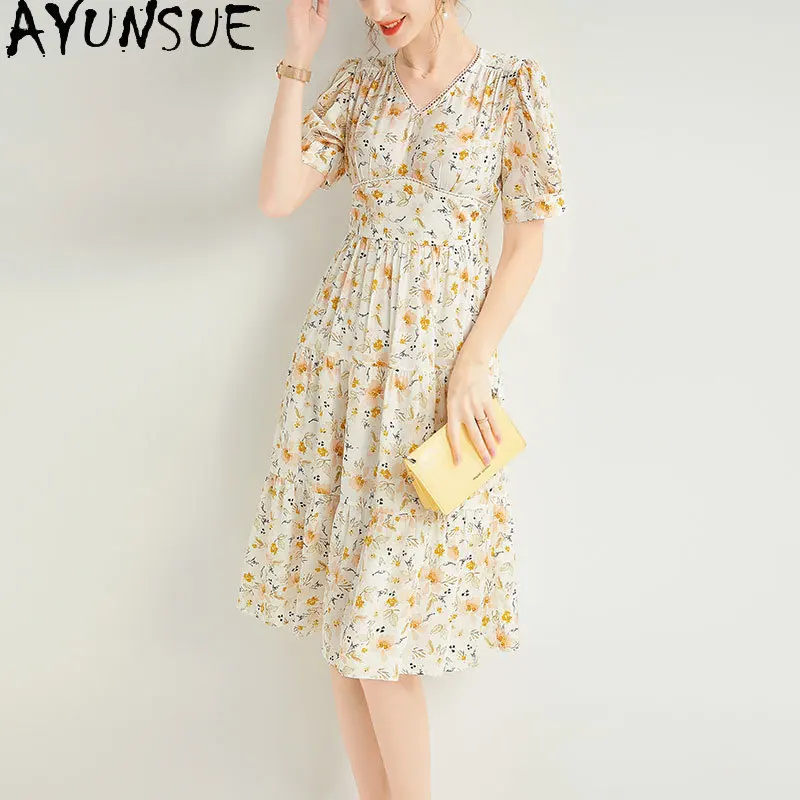 AYUNSUE 100% Natürliche Seide Partykleid Damenkleidung Elegante Damenkleider Taille V-Ausschnitt Mode Sommerkleid Vestidos De Mujer