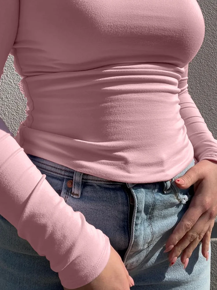 Novo simples sólido em torno do pescoço manga longa pulôver topos versátil estilo coreano bottoming camiseta y2k bonito magro rosa roupas femininas