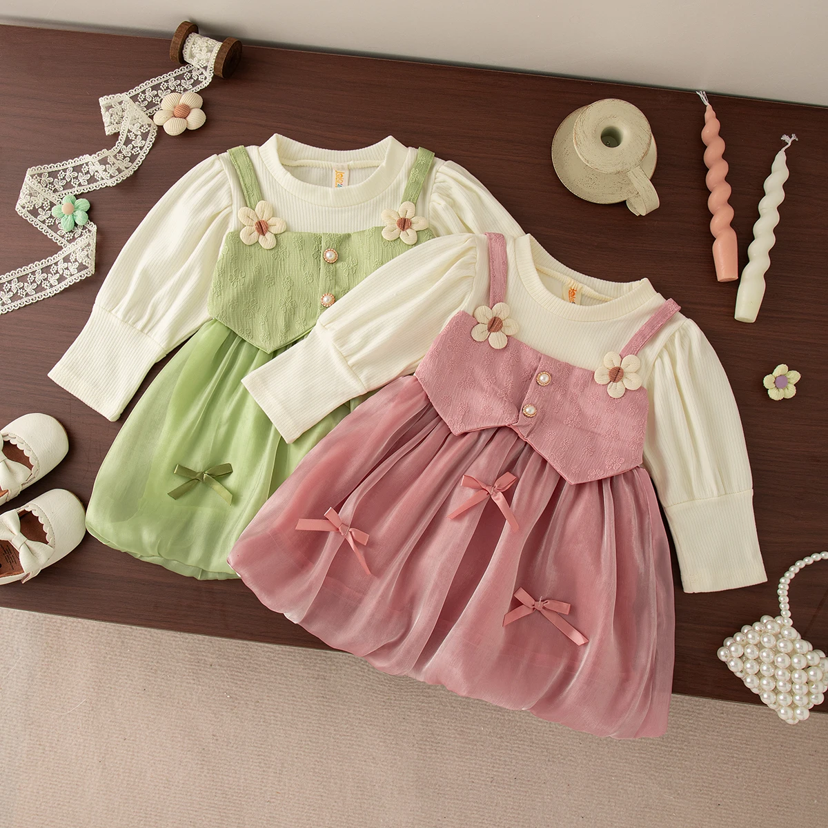 Spring And Autumn New Baby Girl Dress Sweet Bow Fake Two Children'S Clothes (9 Months -3 Years Old)