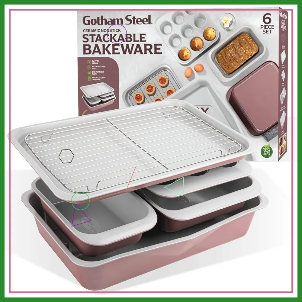 

6-Piece Stackable Baking Pan Set, Space-Saving Ceramic Non-Toxic Bakeware with Tray, Oven & Dishwasher Safe