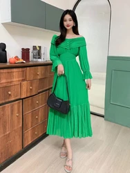 2023 New Spring Autumn Women Sexy Slash Neck Long Sleeve Slim Long Dress High Quality Fashion Designer Miyake Pleated Dress