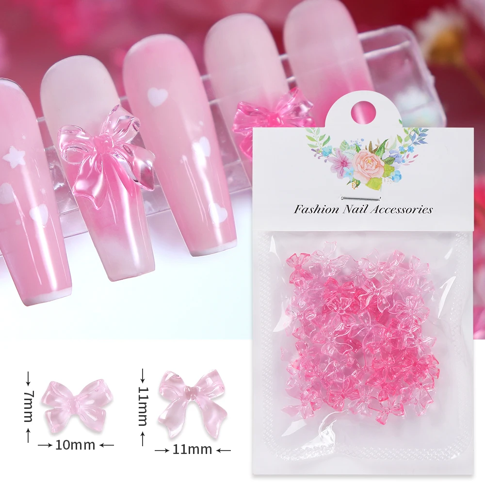 50pcs/bag Pink Transparent Bowknot Nail Art Accessories Mix Ribbon Bow Short Butterfly Tie Spring Summer Manicure DIY Decoration