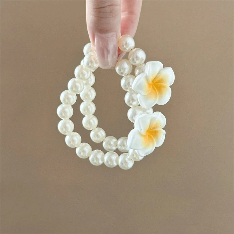 Fashion Elegant Plumeria Flower Head Rope Hair Ties Sweet Korean Flower Hair Rope Women Elastic Rubber Band Pearl Hair Loop