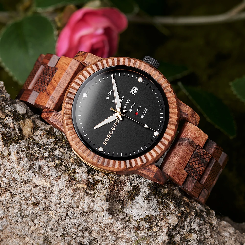 นาฬิกาข้อมือผู้ชาย BOBOBIRD แบบไม้ ควอตซ์ สลักชื่อได้  พร้อมโลโก้แบรนด์ส่วนตัว  พร้อมเข็มนาฬิกาเรืองแสง  ของขวัญ  ดรอปชิปปิ้ง