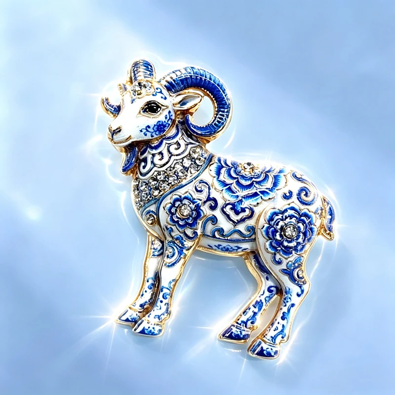 Blau-weiße Brosche im Porzellanstil mit Widdermotiv, Emaille und Strass-Verzierung, Schaf-Anstecknadel, Schmuckgeschenk