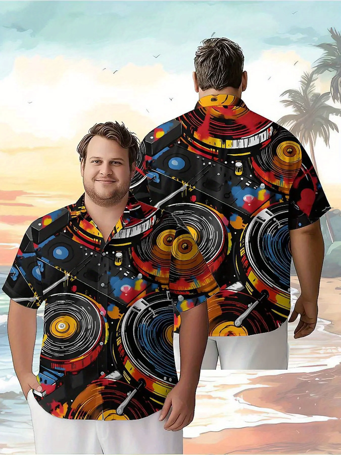 

Men's Plus Size Hawaiian Shirts DJ Music Party Theme pattern, Summer Casual Tops, Suitable for Outdoor and Party, Streetwear