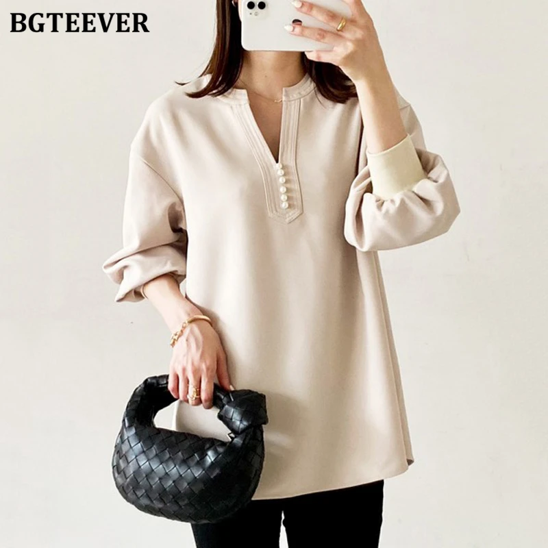 

BGTEEVER Fashion V-neck Loose Female Solid Jumpers Spring Casual Long Sleeve Women Sweatshirts Ladies Pullovers Tops