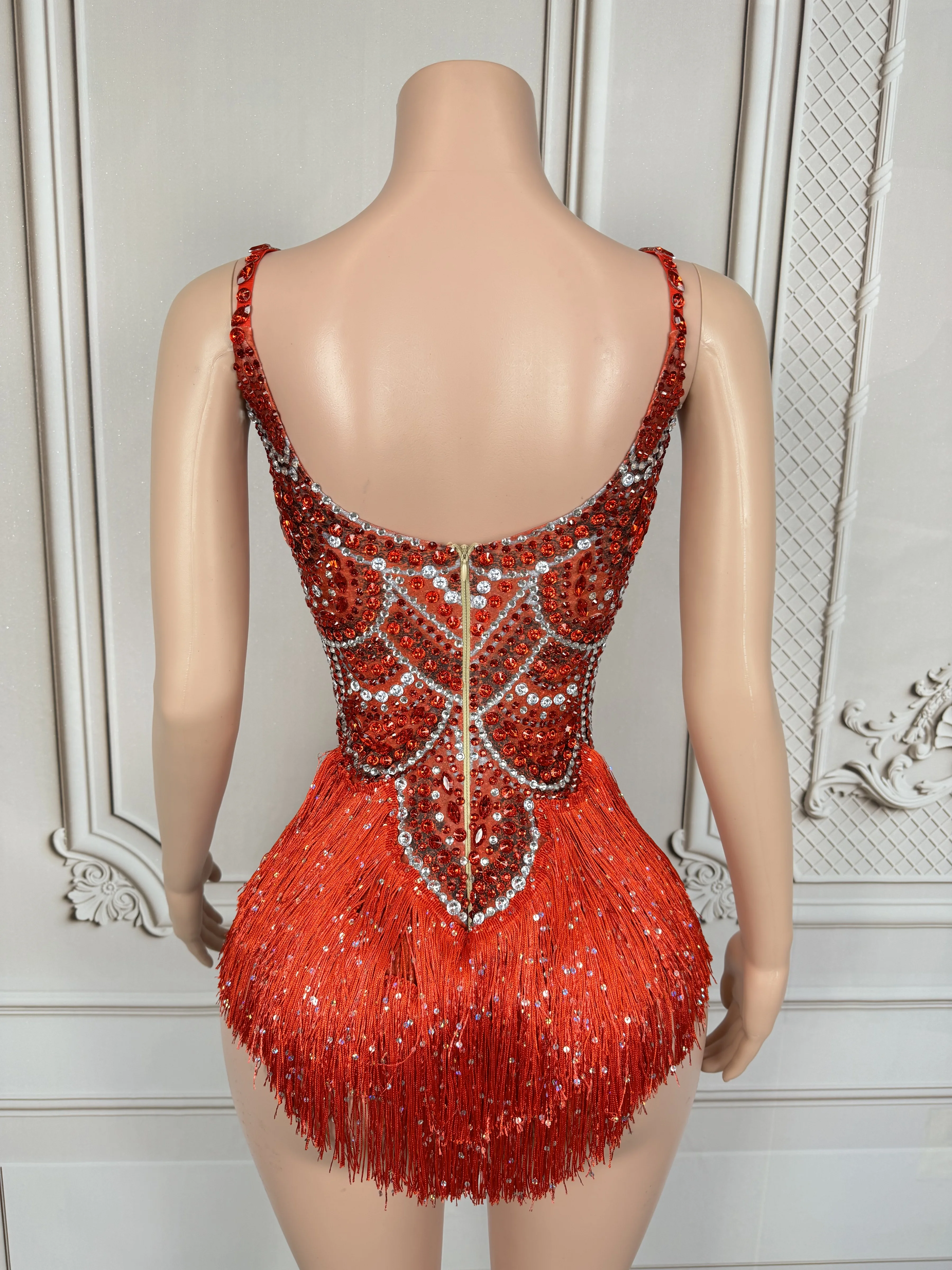 Sexy Sparkly Red Rhinestones Tassels Bodysuit Women Show Performance Dance Costume Nightclub Outfit Singer Dancer Stage Wear