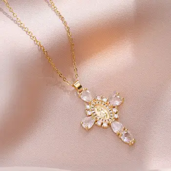 粉紅色水晶白色鋯石十字吊墜項鍊,男女皆宜,復古金色銀色不銹鋼鏈條,珠寶禮品 8 最佳銷售 鋯石項鍊 - №8