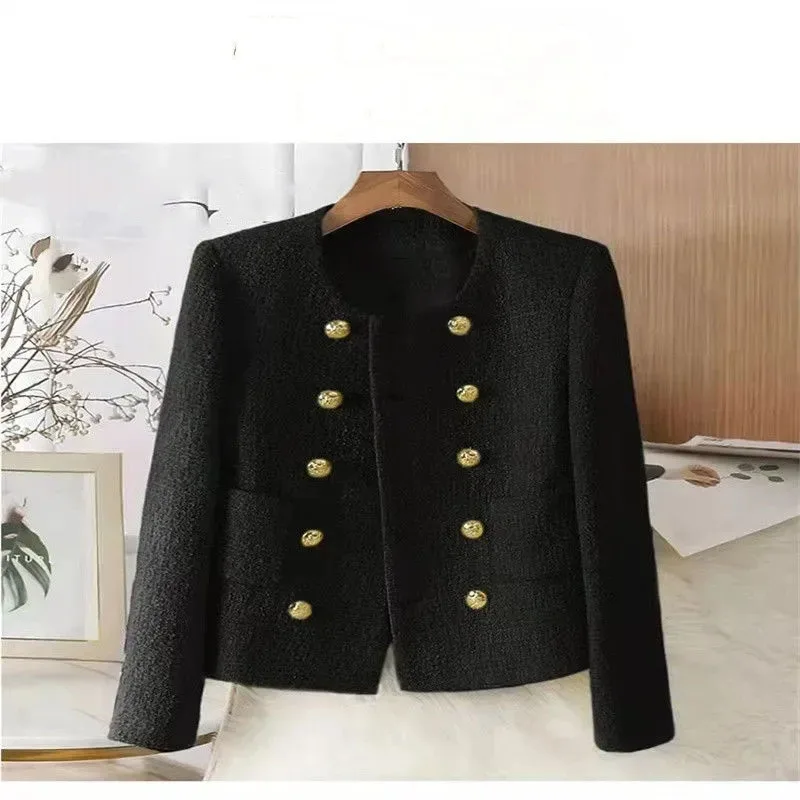 Ladies Double Breasted Buckle Short Versatile Outerwear New  Female Sleeved Coat Spring Autumn Women Round Neck Leisure Jacket