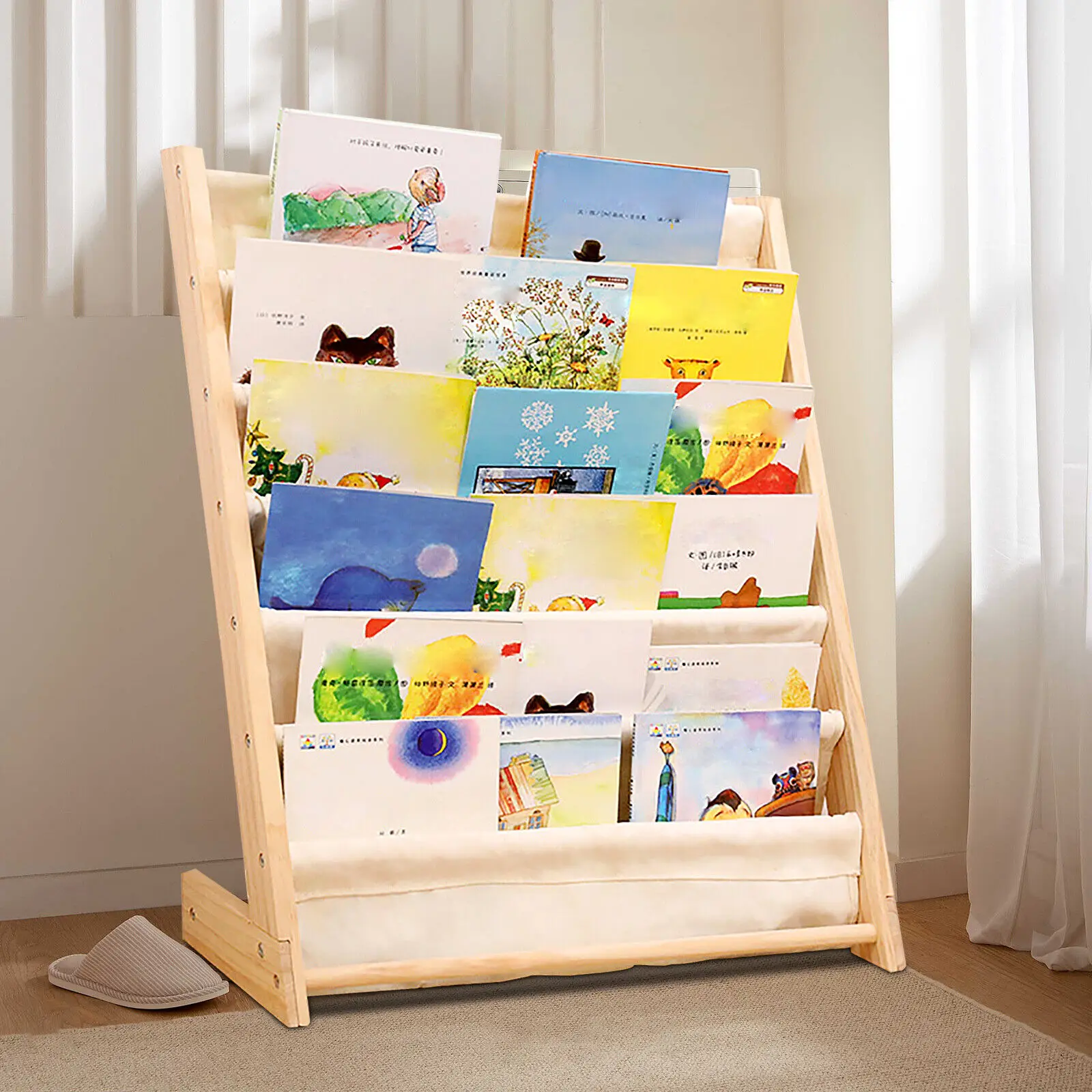 6 Tiers Wooden Bookcase Children Kids Book Shelf Storage Rack Tidy Organizer Sling Book Canvas for Kids Bedroom Save Space