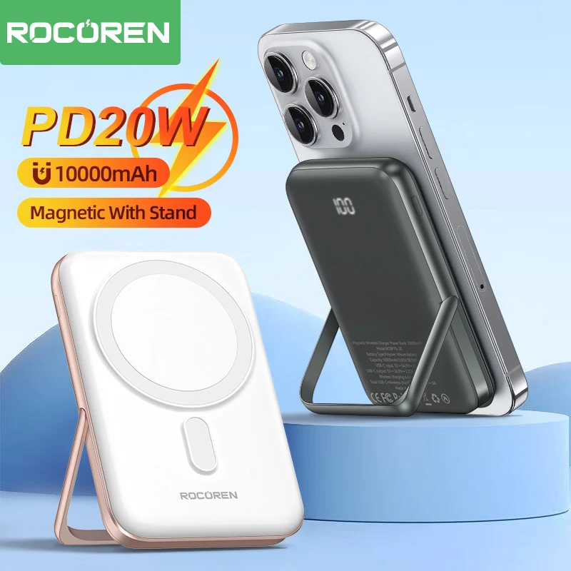 

Rocoren 10000mAh PD20W Magnetic Power Bank Wireless Charger Portable Powerbank With Stand For iPhone 15 14 Pro External Battery