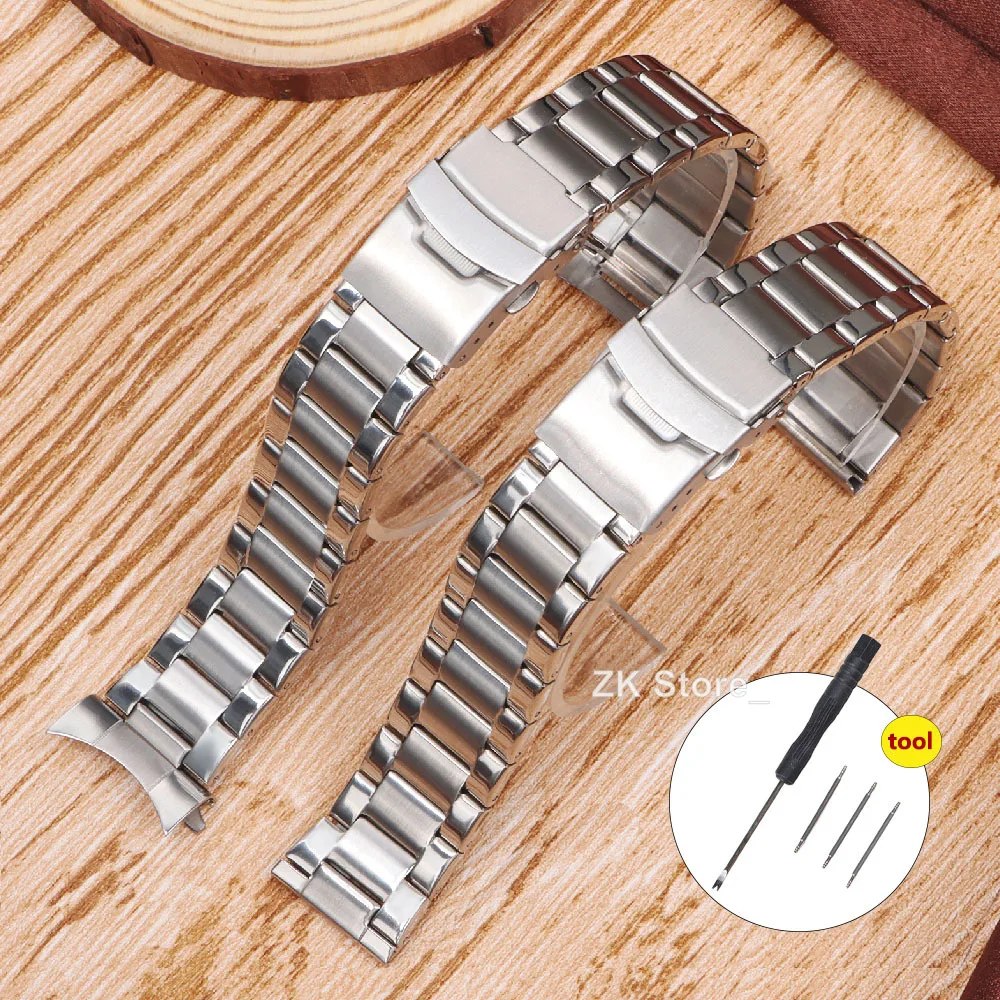 22mm Stainless Steel Watch Strap Arc/Straight End Metal Bracelet Folding Buckle Universal Replacement Watchband Watch Accessory