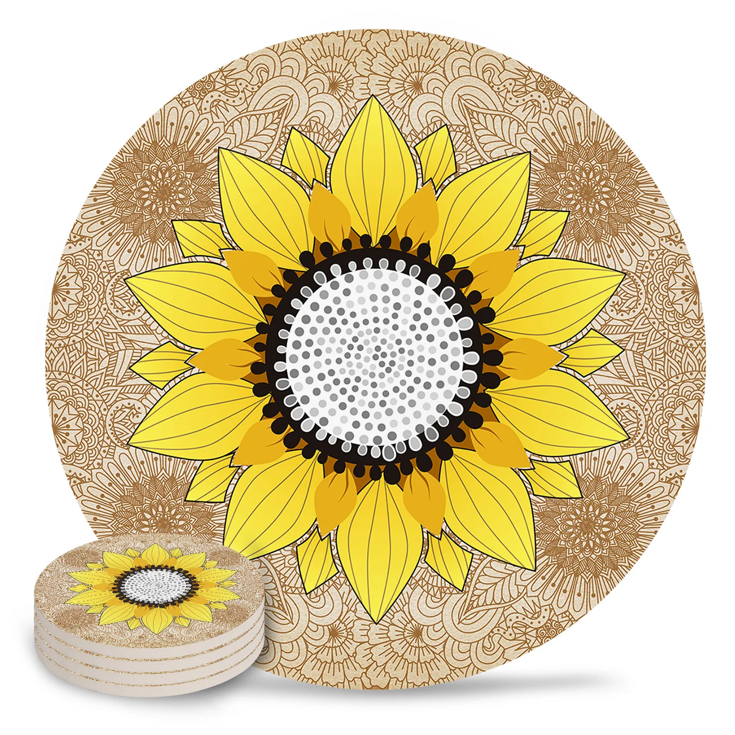 Sunflower And Mandala Khaki Coasters Ceramic Set Round Absorbent Drink Coaster Coffee Tea Cup Placemats Table Mat