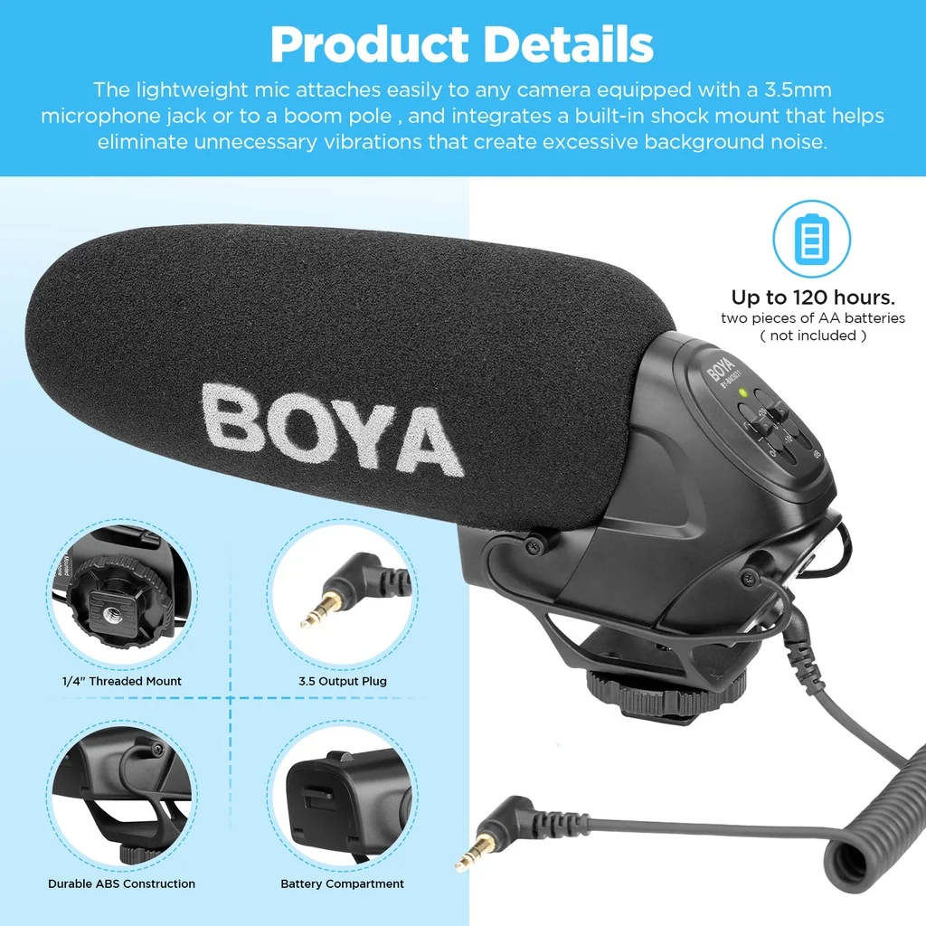 BOYA Professional Supercardioid Condenser Camera Shotgun Mini Microphone for PC iPhone Smartphone DSLR Nikon Canon Photography