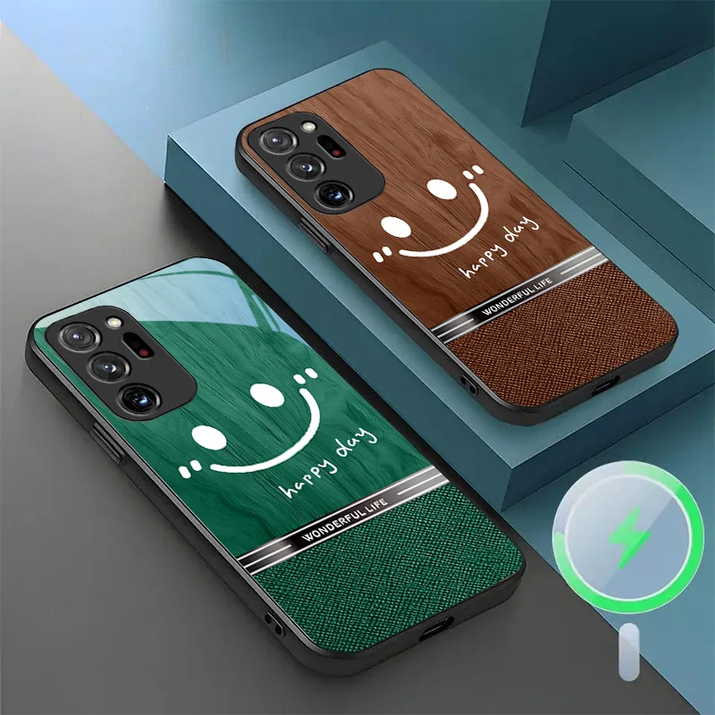 

for Samsung Note 20 PLUS 23 25 Edge 26 Ultra 4 5 G S 22 FE 24 21 Magnetic Glass Phone Case Anti Drop Happy Smile Texture Design