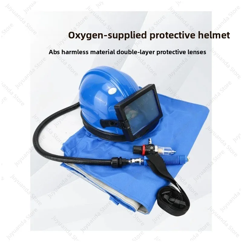 Oxygen Supply Sandblasting Helmet with Air Conditioning Flat Glass Lens One-piece Two-piece Sandblasting Cap