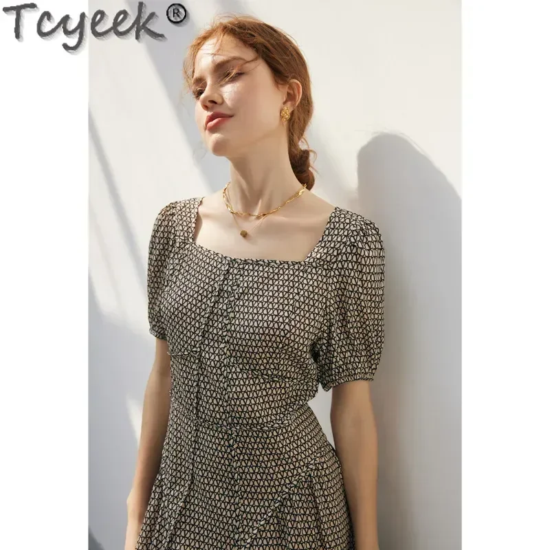 Tcyeek 100% Mulberry Silk Dresses for Women 2024 Short Sleeve Dress Summer Clothes Elegant Women's Dresses Plaid Платье Женско