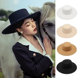 10cm grande aba larga senhoras francesas fedora igreja banquete cor sólida clássico lã jazz flat hat feltro chapéu ao ar livre elegante outono e inverno senhoras chapéu vestido masculino