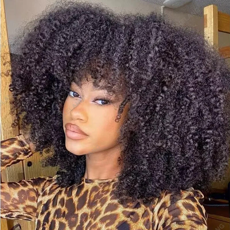 Chocolate Brown Afro Kinky Curly Hair Short Bob Wig Ombre 100% Human Hair Wig Honey Blonde 250% Density Glueless Wig With Bangs