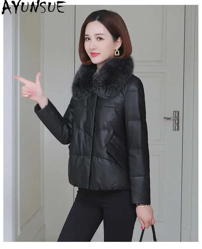 Real AYUNSUE Leather Jacket Women Genuine Sheepskin Coat Fox Fur Collar Winter Casual Black Down Coats Chaqueta Puffer Mujer