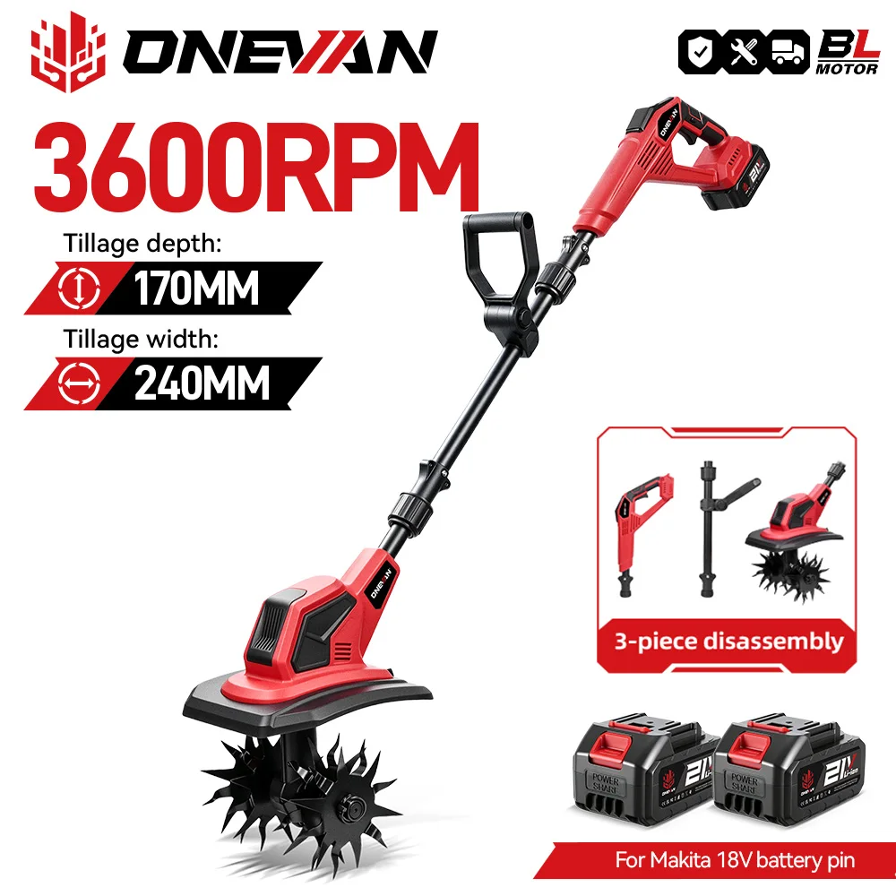 ONEVAN 2500W Bürstenloser Elektro-Gartenfräser Rasenmäher Bodenfräse Gartenwerkzeug für Makita 18V Akku