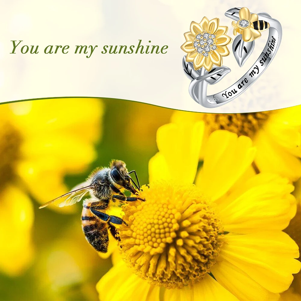 925 Sterling Silver Adjustable Spinner Fidget Anxiety Sunflower Bumble Bee Ring Honeybee Jewelry Birthday Gifts for Women Girls