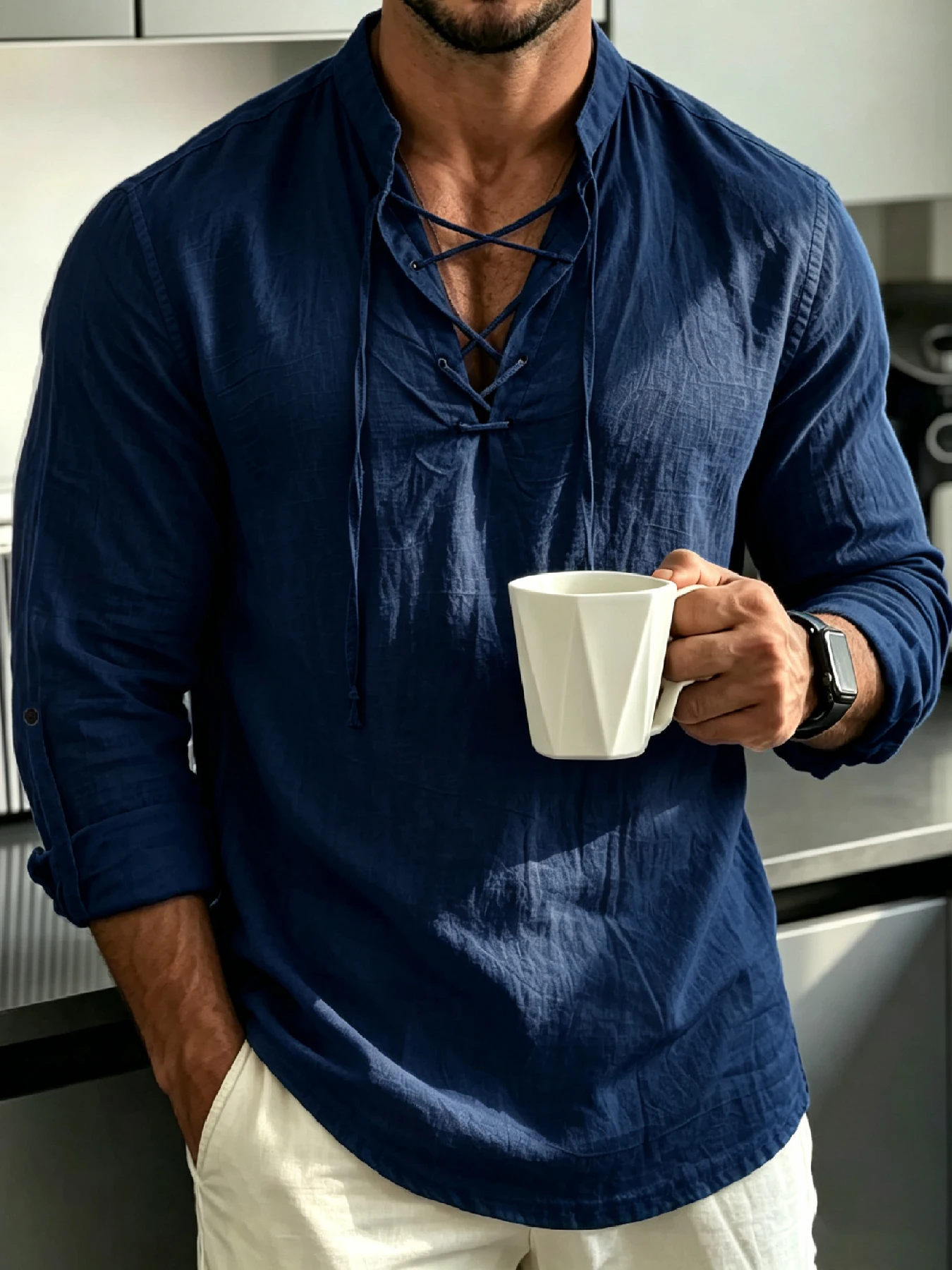 Men's Stand Collar Lace-Up Linen Shirt, Casual Vacation Style Long Sleeve Top, Adjustable Roll-Up Sleeves, Breathable Skin-Frien