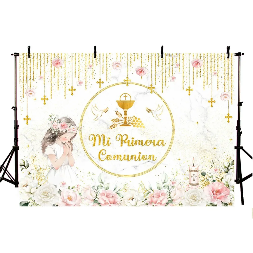 First Holy Communion Backdrop Gold Dots Flowers Cross Boy or Girl My Baptism Party Decor Banner Kids God Bless Photo Background