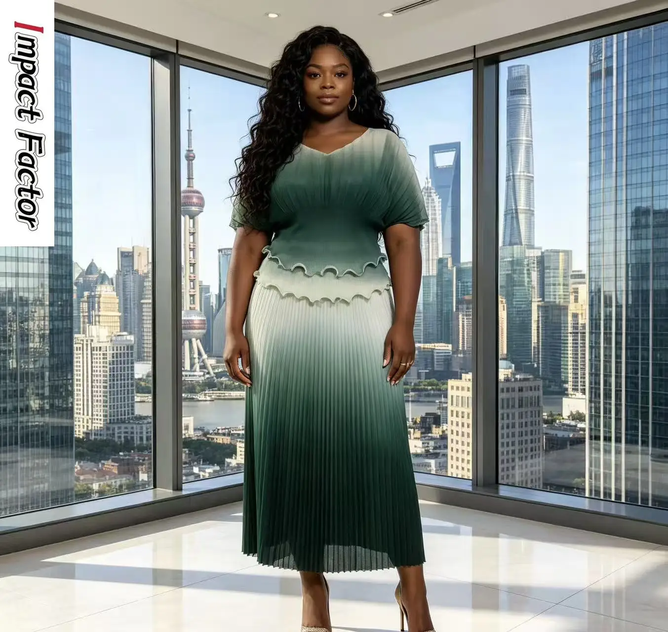 

2026 African Miyake Pleated Print Gradual Change Suit V-neck Loose Bat Sleeve Top Pleated Skirt Two-piece Set Women's Clothing