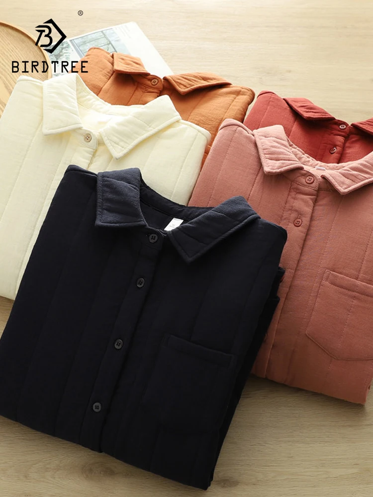 Novo 2025 inverno algodão acolchoado camisa de manga longa, feminino turn-down colarinho bolso, mori menina ol comute quente blusa solta t5d448cc