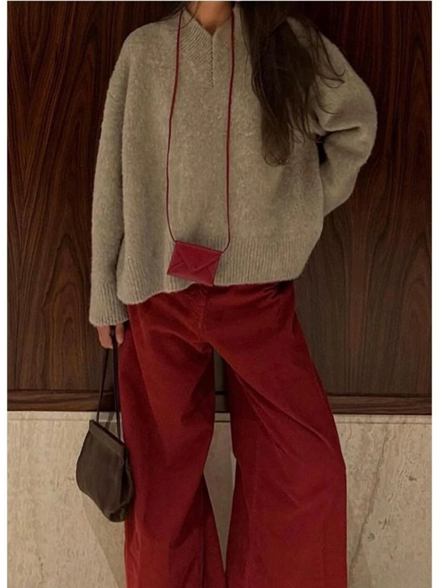 سراويل RORIRI باللون الأحمر الداكن المخملي للنساء بخصر عالٍ وواسعة الساق سراويل قصيرة فضفاضة للنساء ملابس الشارع سراويل طويلة سراويل شتوية