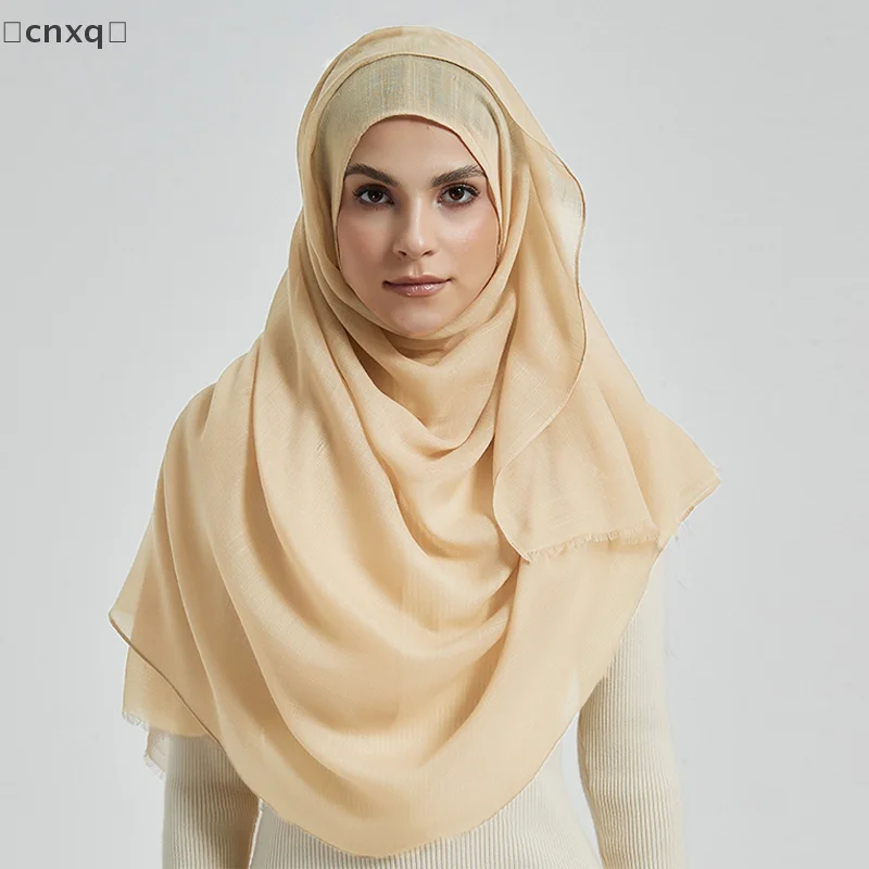 Muslim Headscarf Solid Color Scarf Women For Ramadan White Shawl With Short Beard And Tassels Breathable Soft Shawl