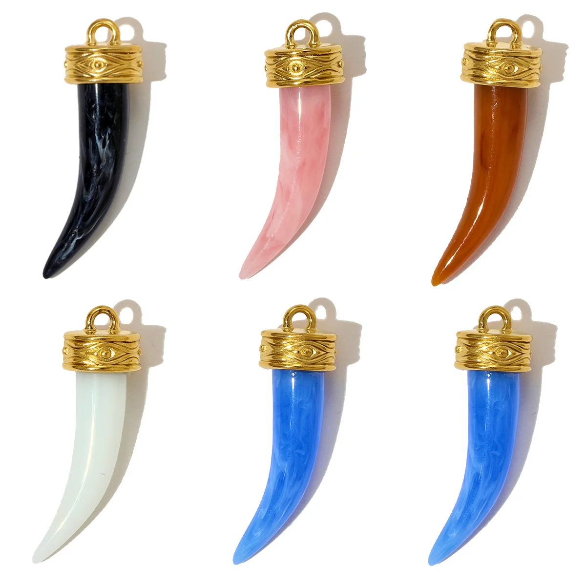 3pcs/Lot Fashion Stainless Steel Black Agate Ox Horn Necklace Pendant Resin Stone White Shell DIY Charm Women Wolf Tooth Jewelry