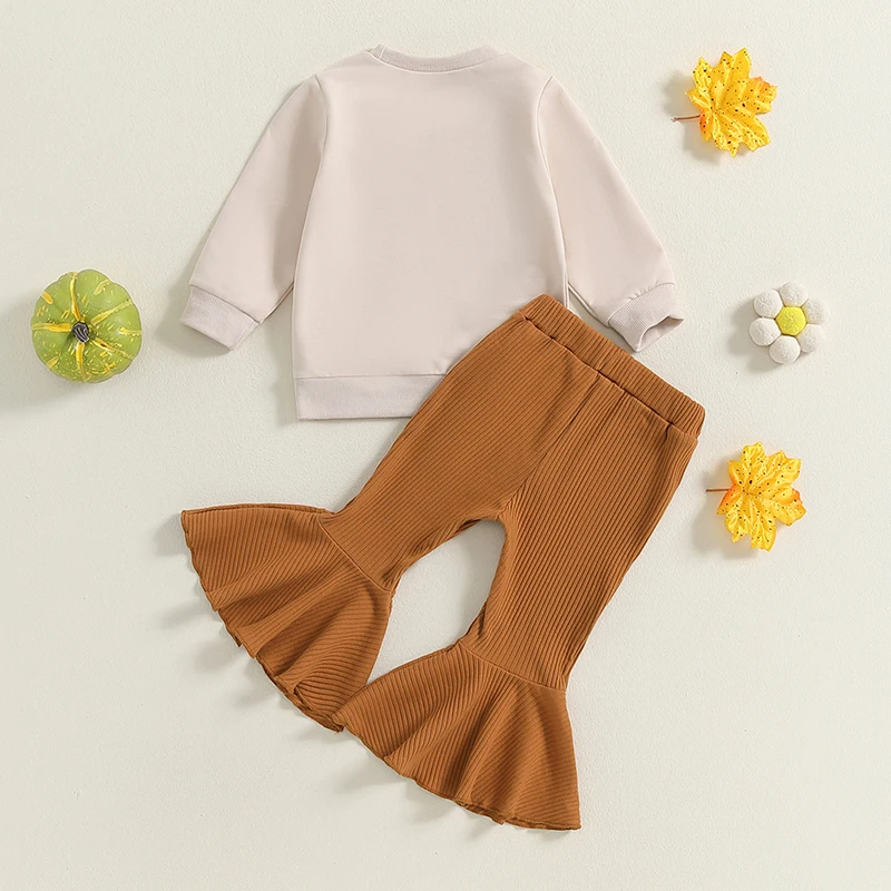 2024-06-07 Lioraitiin 6M-4Y Little Girl Thanksgiving Outfit, Letter Print Fall Long Sleeve Sweatshirt Ribbed Flare Pants Set