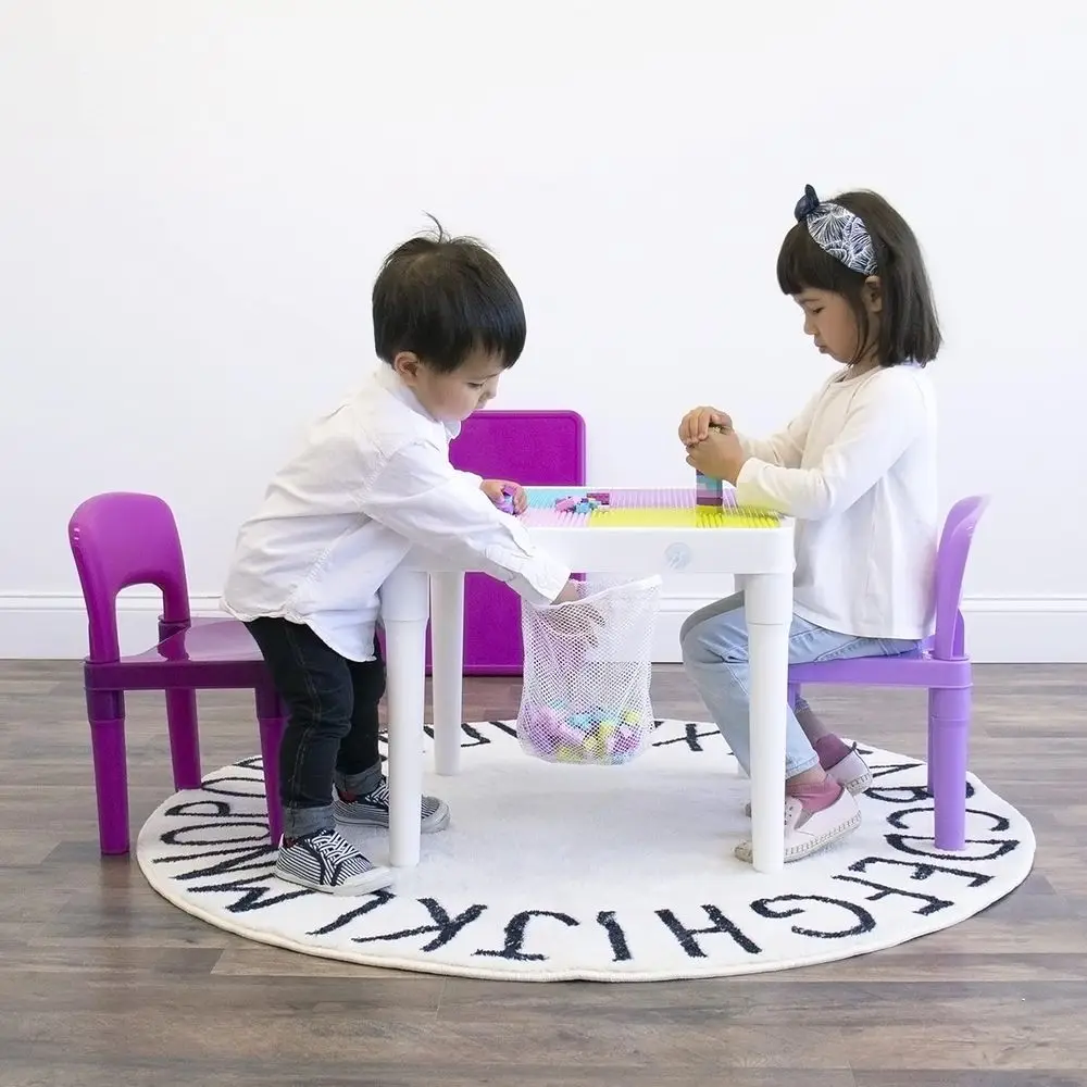 طقم طاولة فنية وحرف للأطفال الصغار باللون الوردي والأرجواني والأبيض - طاولة لعب 2 في 1 مع كراسي لبنات البناء والمزيد