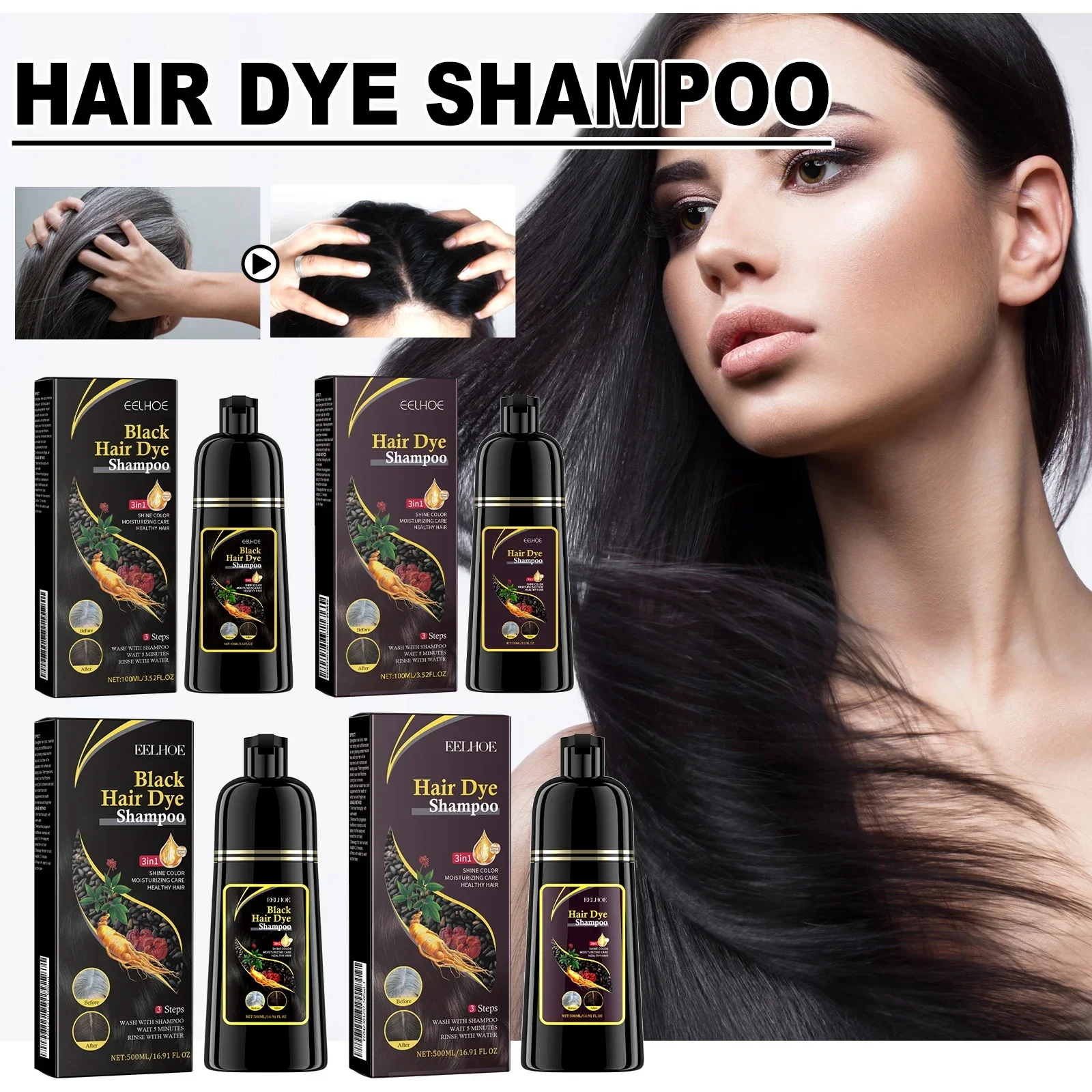 Hair Dye Shampoo 3 in 1 Darkening Hairs Instant Gray To Black Natural Coloing Cover White Hair To Black For Women For Men