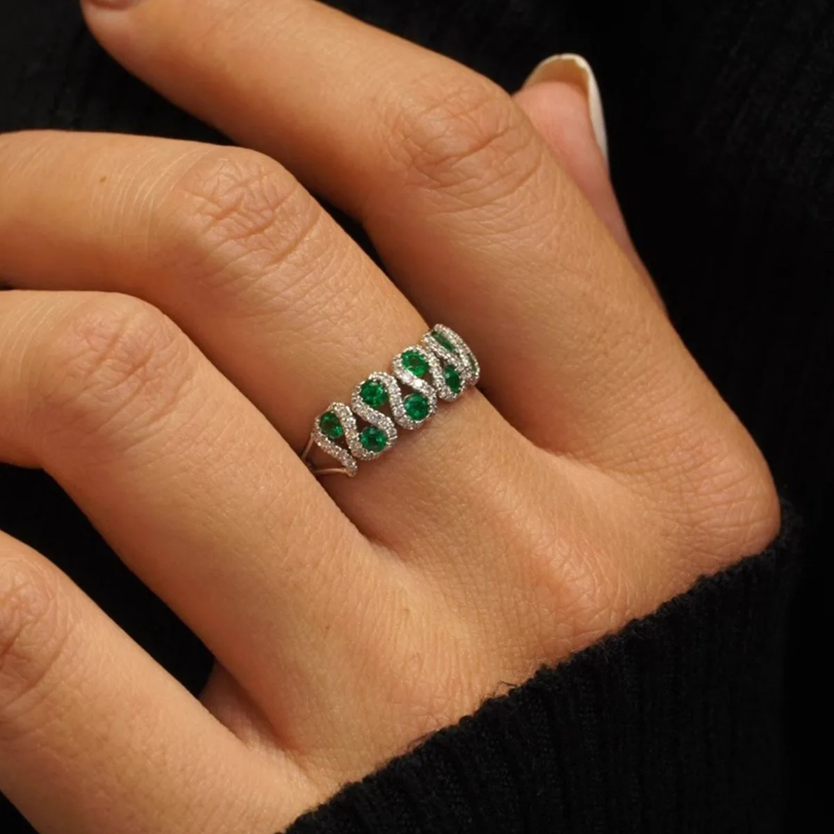

Pure Sterling Silver 925 Ring Pave Emerald Green Zirconia Vintage Personalize Rings Accessible Luxury Silver 925 Jewelry Gifts