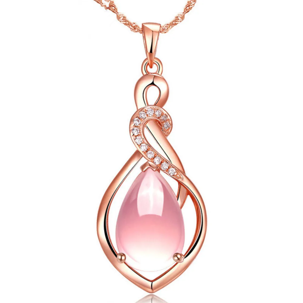 Korean 925 Sterling Silver Rose Gold-plated Natural Water Drop Shaped Pink Crystal Pendant Necklace For Women Fashion Jewellery