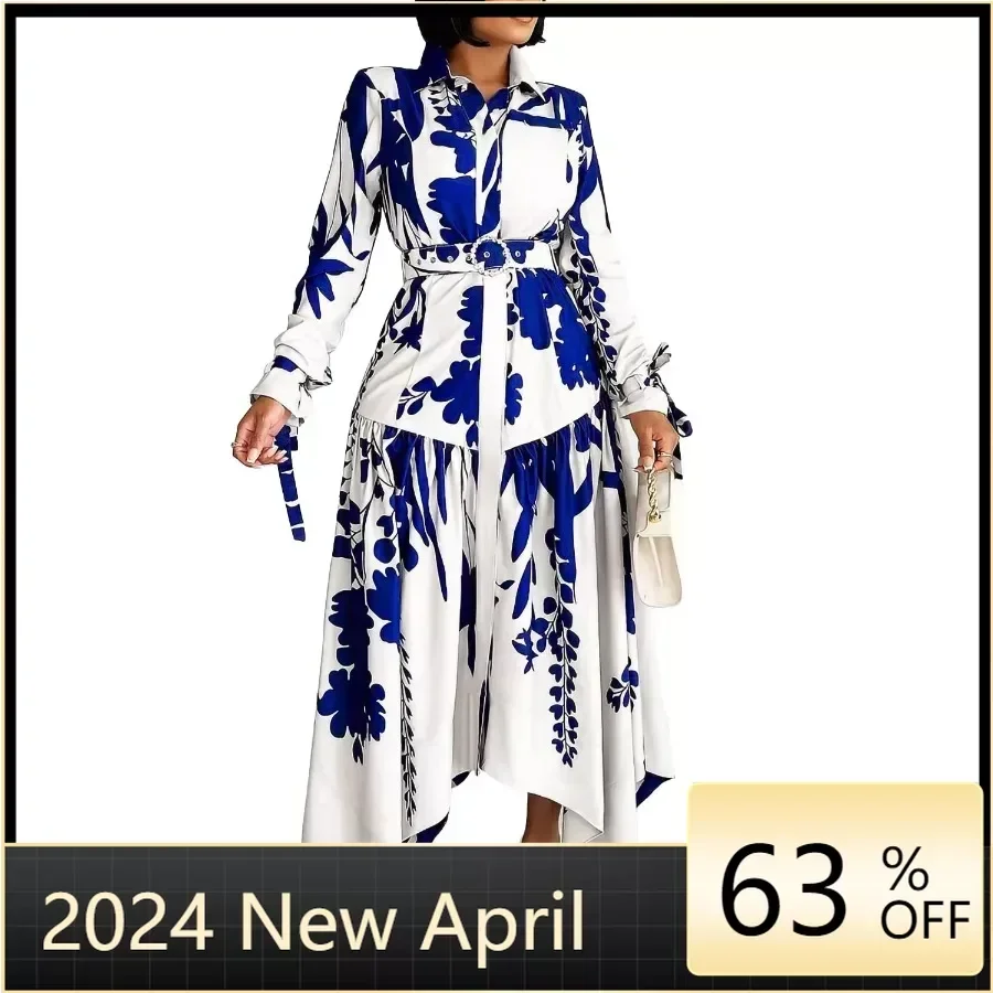 

African Print Dresses For Women Big Size Fashion Nigeria African Clothing Lapel Long Sleeve Irregular Long Dress Robe Femme